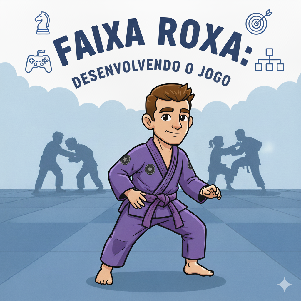 Atleta de faixa roxa demonstrando fluidez nos movimentos